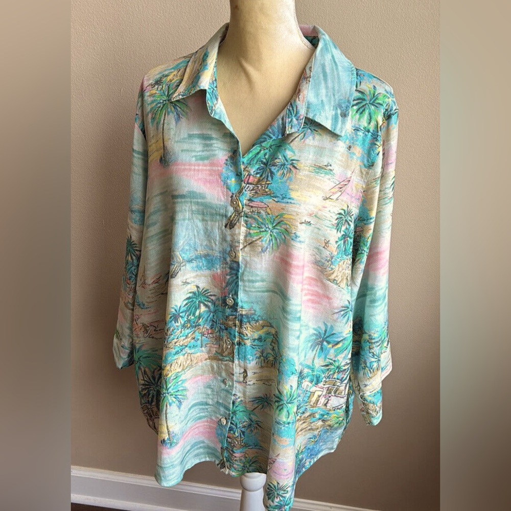 C&C CALIFORNIA Linen Blend Blouse Shirt in Tropical Print, Women’s Size 1X